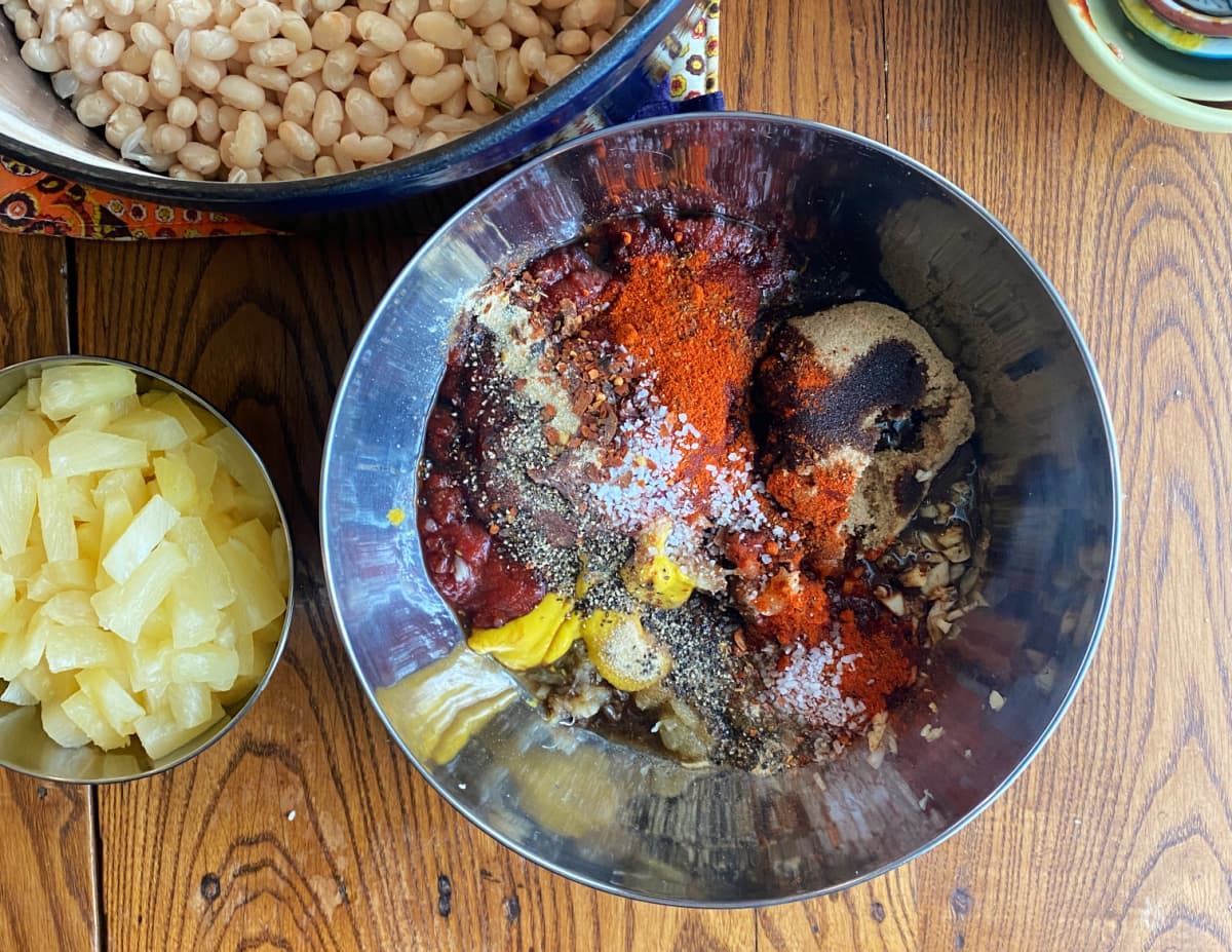 Sauce ingredients in a prep bowl, unmixed.