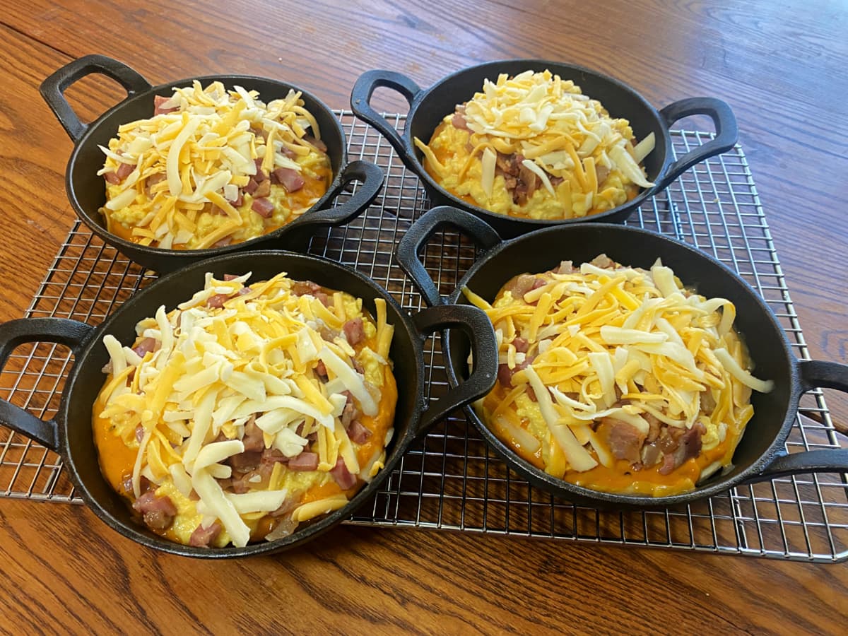 Breakfast pizzas assembled and ready to bake. 