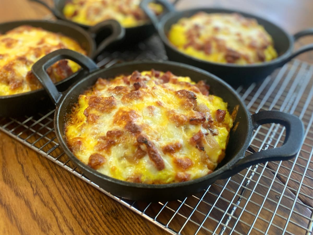 Breakfast pizzas, baked and ready to serve.