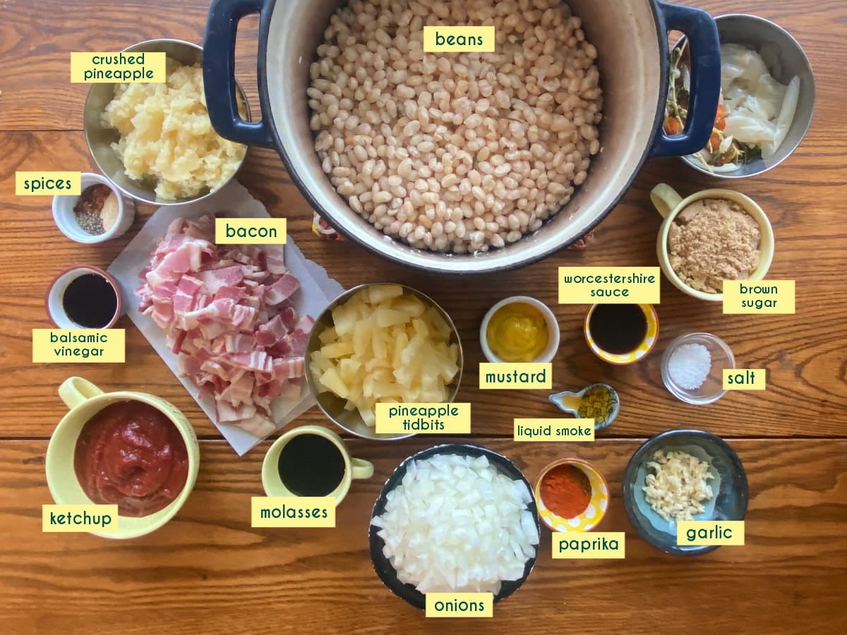 Ingredients needed for this pineapple baked beans recipe, measured and labeled.