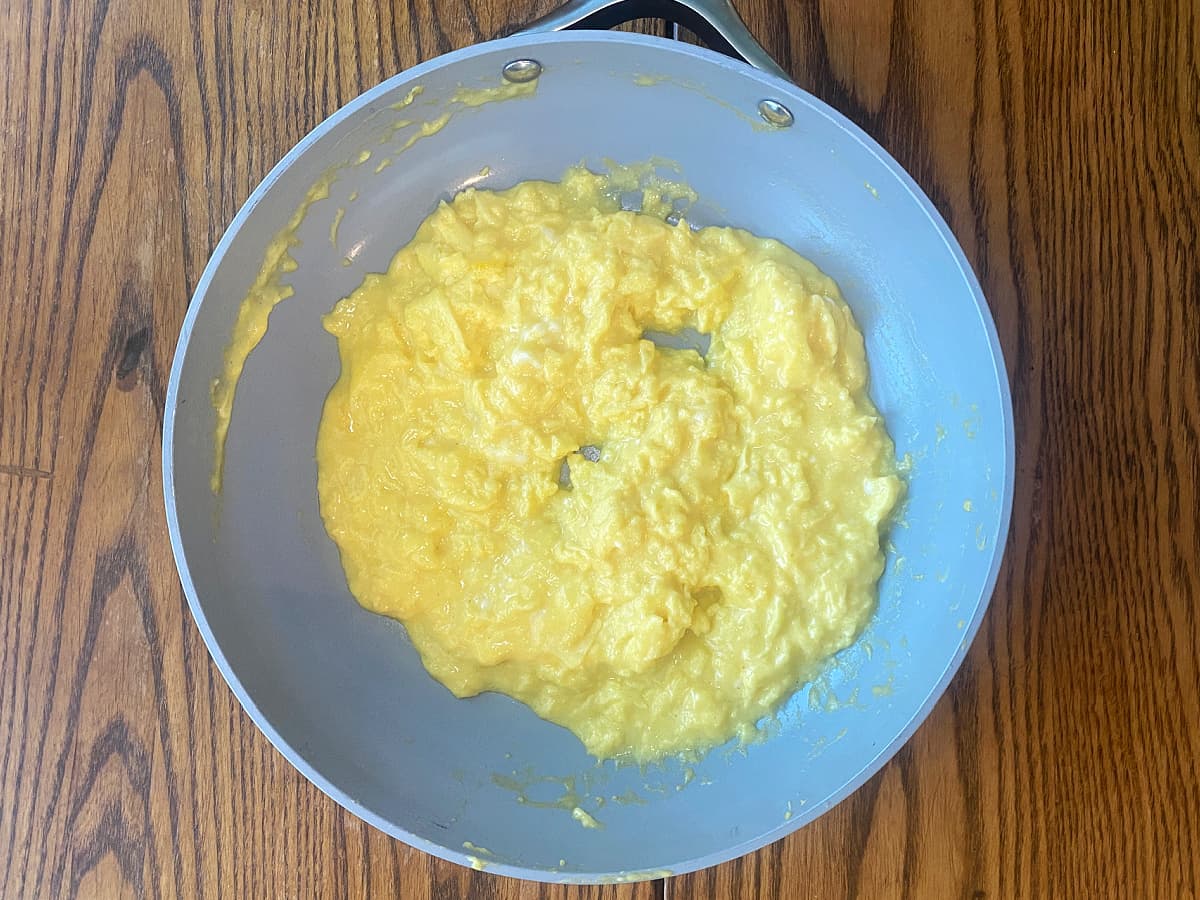 Soft-scrambled eggs, barely set and still glossy. 